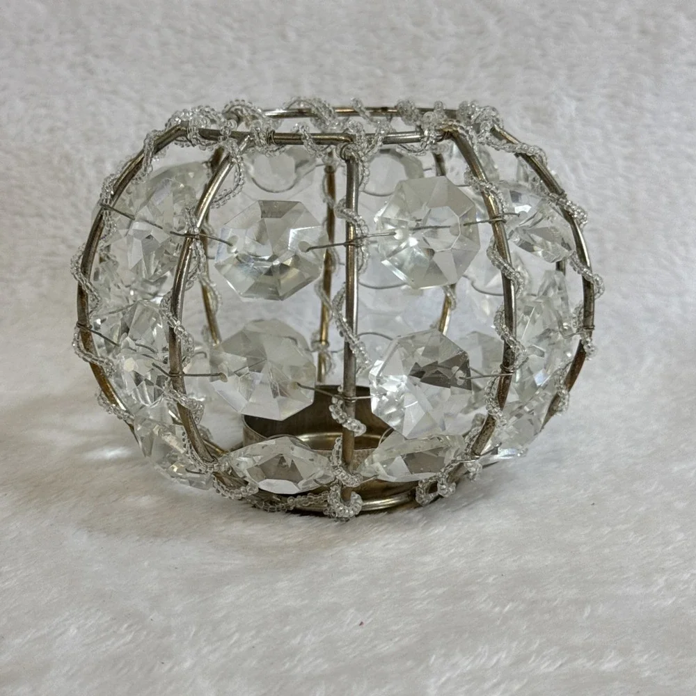 Vintage‎ Beaded Crystal Prism Votive Candle Holder Silver Tone
